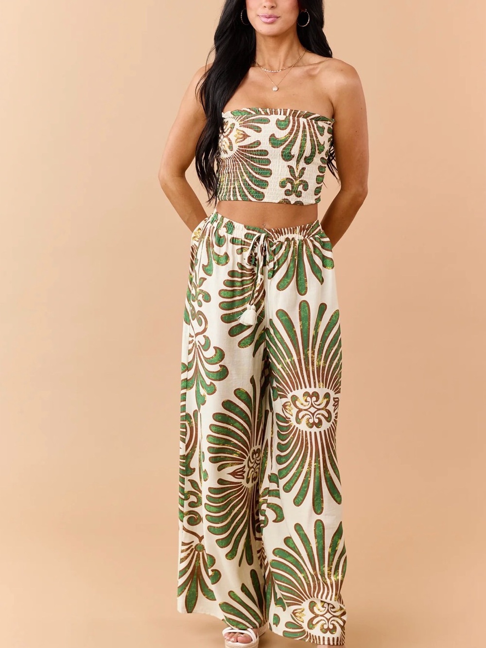 Strapless Crop Top & Wide Leg Pants Set - Green Floral Print